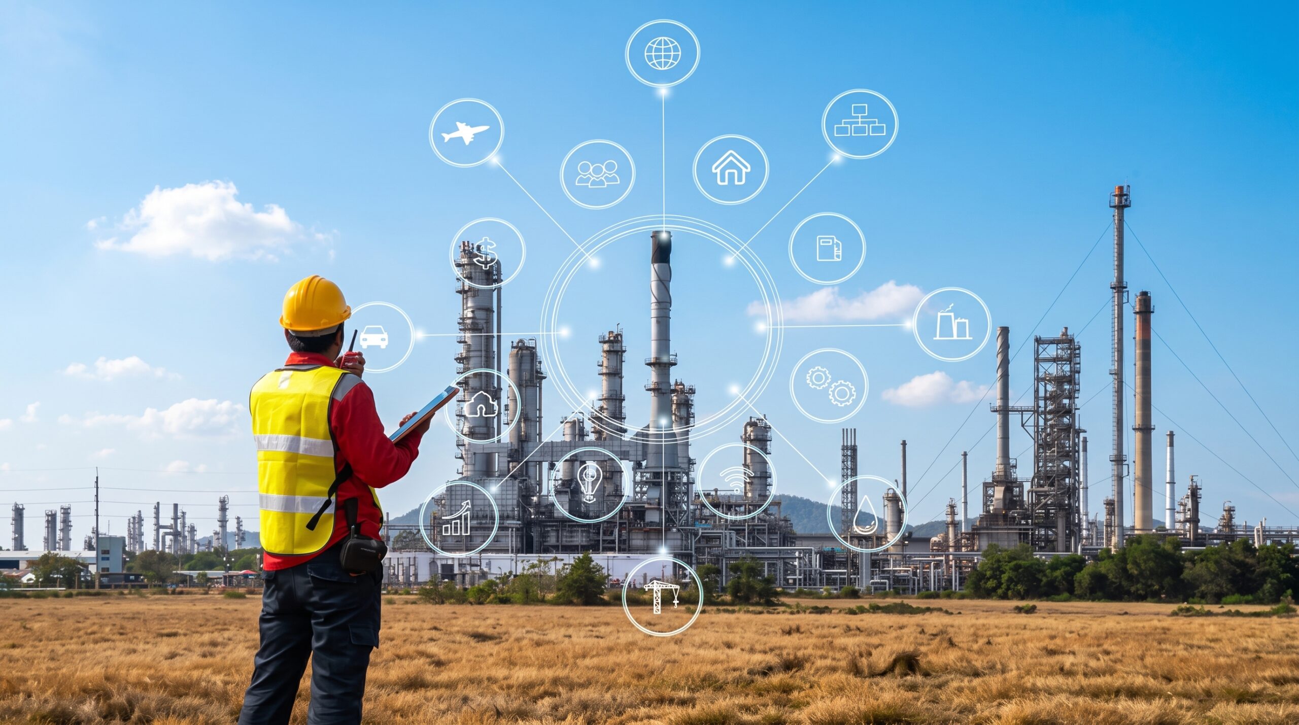 Make the image significantly lighter and brighter, as if it were midday rather than dusk. Increase the exposure and vibrancy of the colors while maintaining all the original elements like the worker, the industrial plant, and the digital icons.